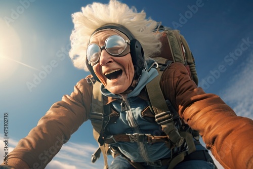  woman wearing protective glasses stands confidently at the edge of the aircraft, ready for her thrilling skydiving experience