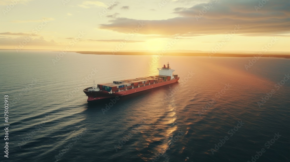 Container ship at sunset. Sea freight is one of the most important engines of the modern economy. Aerial photo.