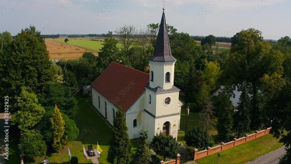Aerial shot, top view of Church of st. John the Baptist in Giemlice, Poland Aerial shot, top view of Church of st. John the Baptist in Giemlice, Poland