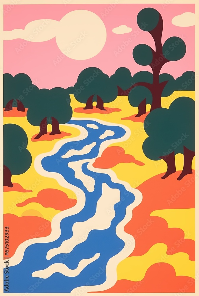 Vintage poster in groove style. Landscape with river and trees.