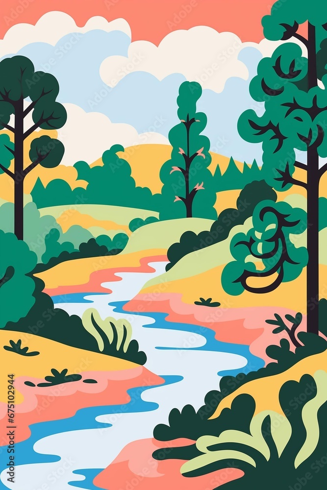 Vintage poster in groove style. Landscape with river and trees.