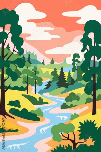 Vintage poster in groove style. Landscape with river and trees.