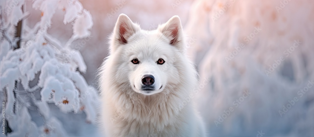 In the beautiful winter landscape of a snow covered forest a young white dog stands against the picturesque background creating a cute and captivating animal portrait in nature s serene par - obrazy, fototapety, plakaty 