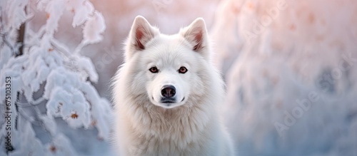 In the beautiful winter landscape of a snow covered forest a young white dog stands against the picturesque background creating a cute and captivating animal portrait in nature s serene par © TheWaterMeloonProjec