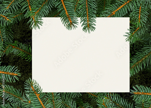 abstract empty template for an christmas invitation, letter, note or greeting card, natural ever green branch next to the paper note, minimalistic design