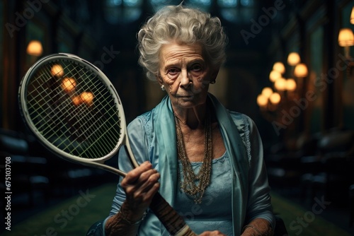 A serious senior lady, elegantly dressed in dark attire, stands holding a tennis racket in her hands