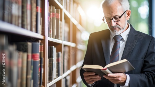 Elderly Caucasian man university lecturer reads book repeating material to preach subject to students in dark library. Professor studies material gaining experience in educational institution