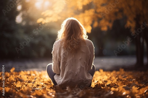 Mujer rubia sentada en el suelo. Está en un parque con árboles en otoño. Da la sensación de que está mirando su telefono móvil photo