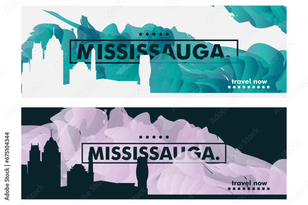 Mississauga city banner pack with abstract skyline, cityscape, landmark and attraction. Ontario Canada horizontal travel vector illustration layout set for website, page, presentation, header, footer