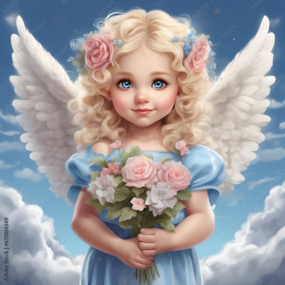 beautiful angel in the sky in the clouds and with flowers beautiful angel in the sky in the clouds and with flowers
