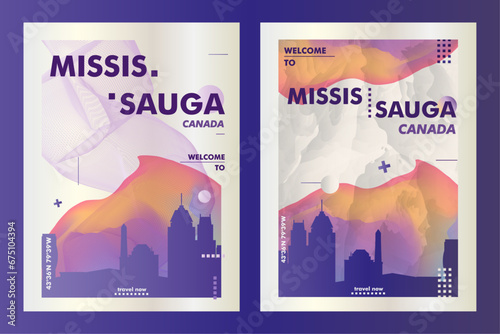 Mississauga city poster pack with abstract skyline, cityscape, landmark and attraction. Ontario Canada province vector illustration layout set for vertical brochure, website, flyer, presentation