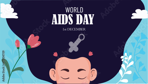 Vector illustration World AIDS Day. Long horizontal banner with red ribbon, space for text and diverse people.