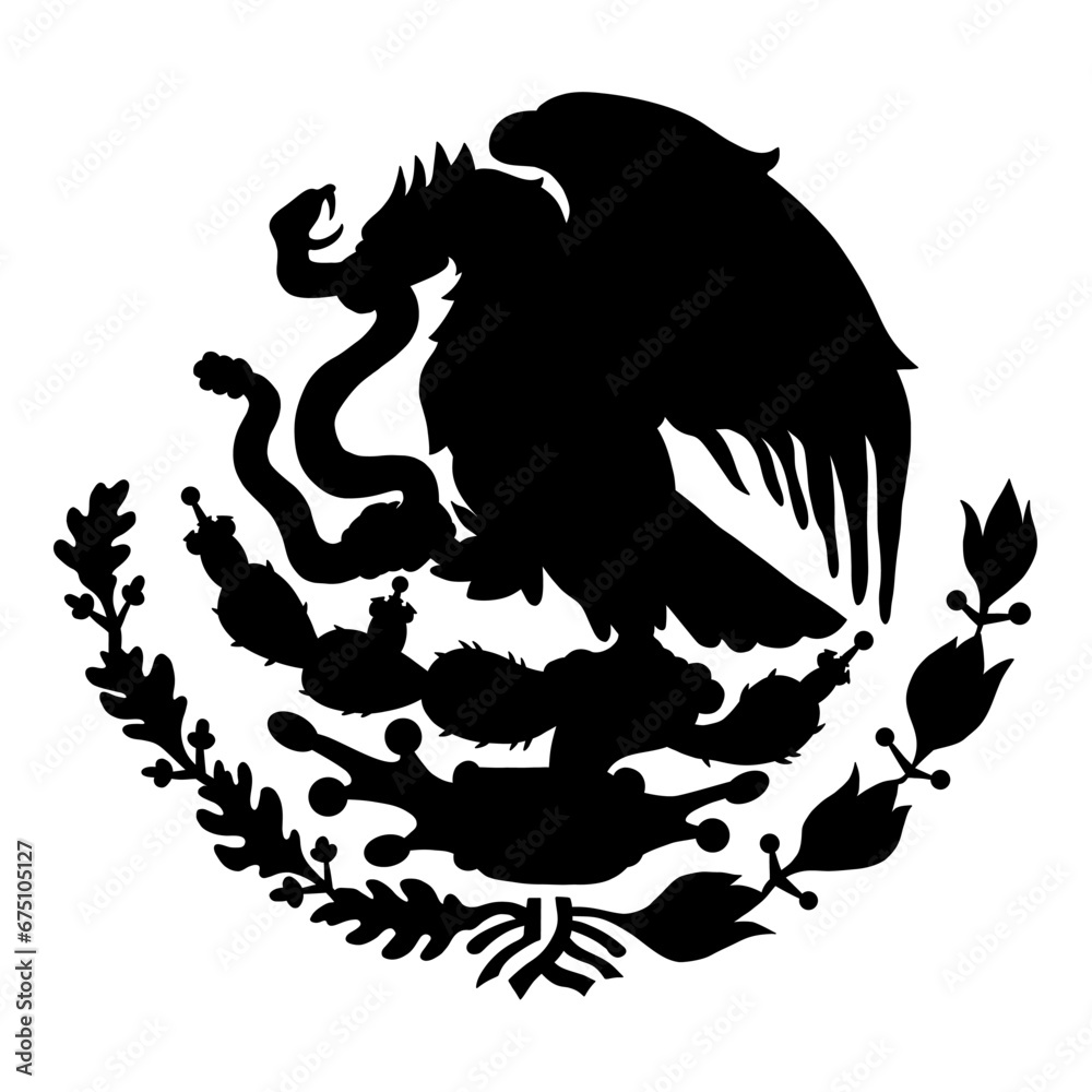 Mexican flag emblem Black silhouette. Mexican coat arms with eagle. Vector illustration Mexican flag emblem Black silhouette. Mexican coat arms with eagle. Vector illustration