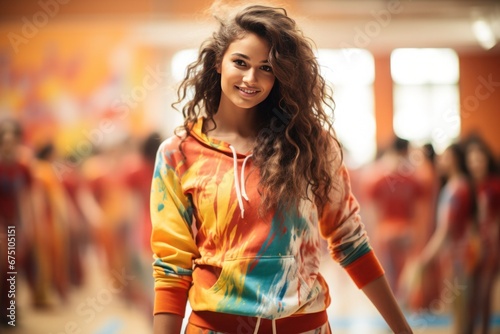 A smiling schoolgirl with long wavy hair, dressed in a sports hoodie, captured in a school gym with her classmates in the background photo