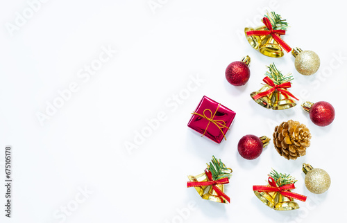 Christmas decorations Top view on white background, Christmas and New year Holiday Season concept
