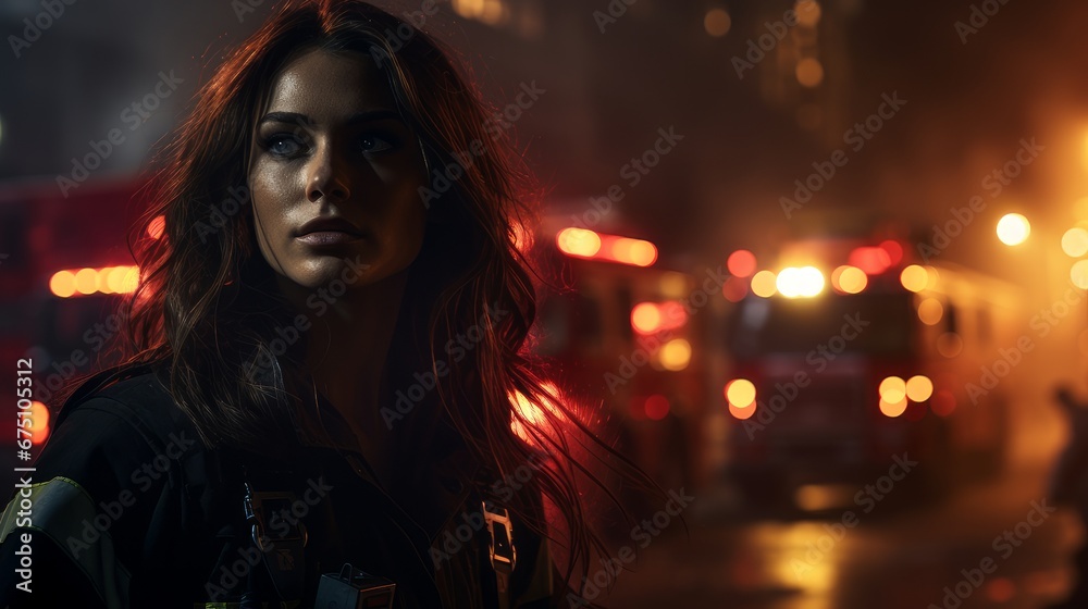 Fototapeta premium female firefighter at night.