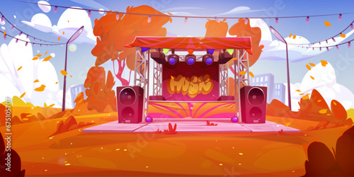 Concert stage at music festival in autumn park. Vector cartoon illustration of platform with spotlights and loudspeakers ready for performance, yellow leaves from trees flying in air, city background