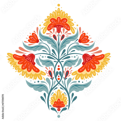 Vector folk art clipart of symmetrical red flowers and stems with foliage on isolated from background. Decorative illustration of floral composition