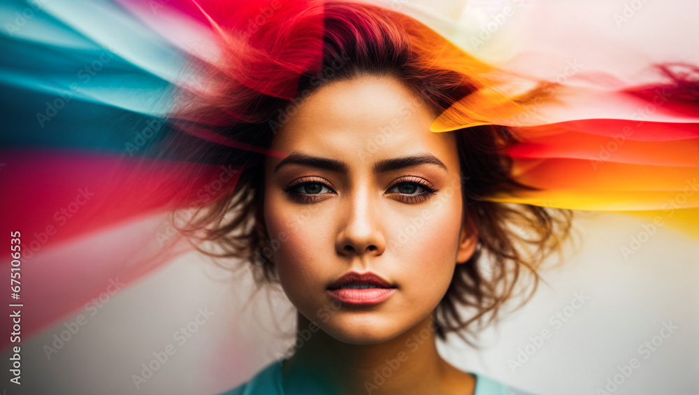 double exposure, face, decibel noise level, Stress caused by noise, a vivid colorful. isolated white on a background with copy space double exposure, face, decibel noise level, Stress caused by noise, a vivid colorful. isolated white on a background with copy space