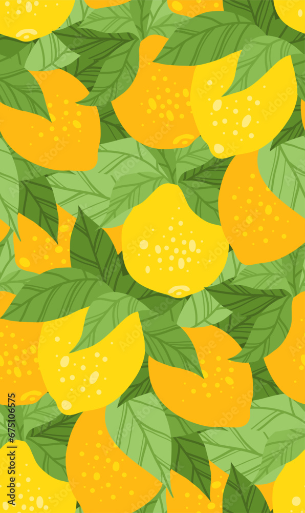 Vector seamless dense texture with yellow lemons and foliages. Flat hand drawn texture with sour fruits. Summer background Vector seamless dense texture with yellow lemons and foliages. Flat hand drawn texture with sour fruits. Summer background