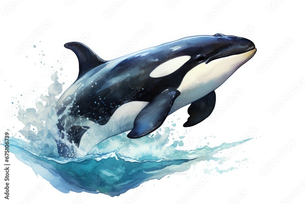 Obraz premium Watercolor black and white graceful killer whale jumping out of the water, wave splash, sea animals, large whales, sea ocean illustration.