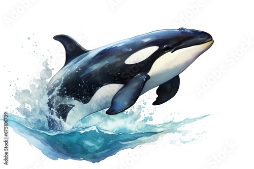 Watercolor black and white graceful killer whale jumping out of the water, wave splash, sea animals, large whales, sea ocean illustration.