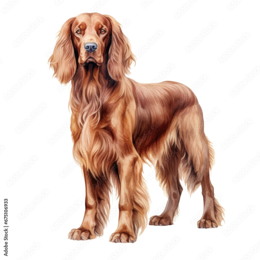 Irish Setter dog breed watercolor illustration. Cute pet drawing isolated on white background.