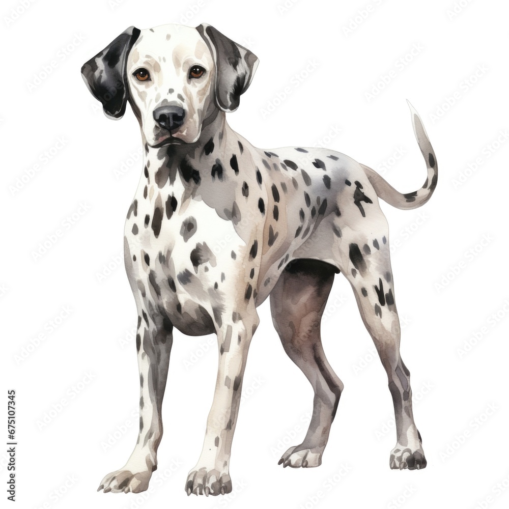 Dalmatian dog breed watercolor illustration. Cute pet drawing isolated on white background. Dalmatian dog breed watercolor illustration. Cute pet drawing isolated on white background.