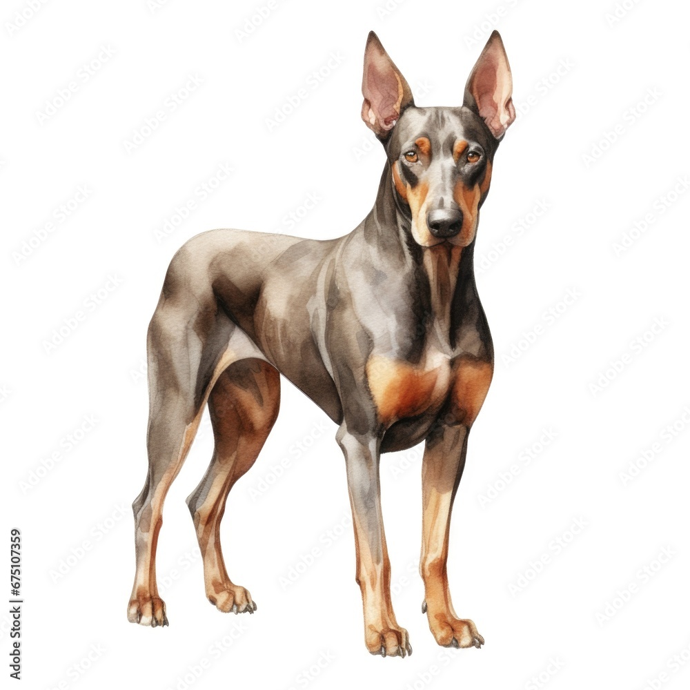 Doberman dog breed watercolor illustration. Cute pet drawing isolated on white background.