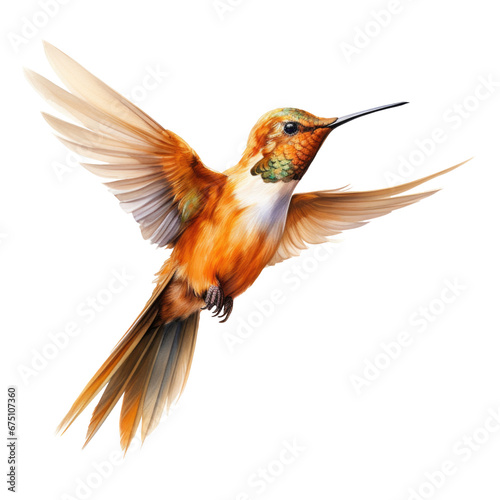 Flying hummingbird watercolor illustration. Drawing of colored colibri bird