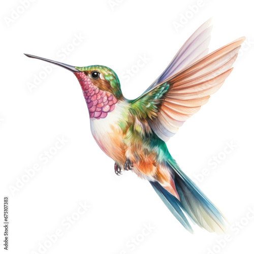 Flying hummingbird watercolor illustration. Drawing of colored colibri bird photo