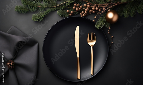 Black Christmas table setting with golden festive decor and fir branches