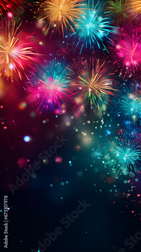 Happy New Year Celebration Sparkles Banner, space for text,Fireworks colorful explosions , festive background , New Years Eve or Independence Day 