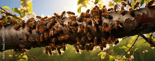 A swarm of bees on a tree. generative ai photo
