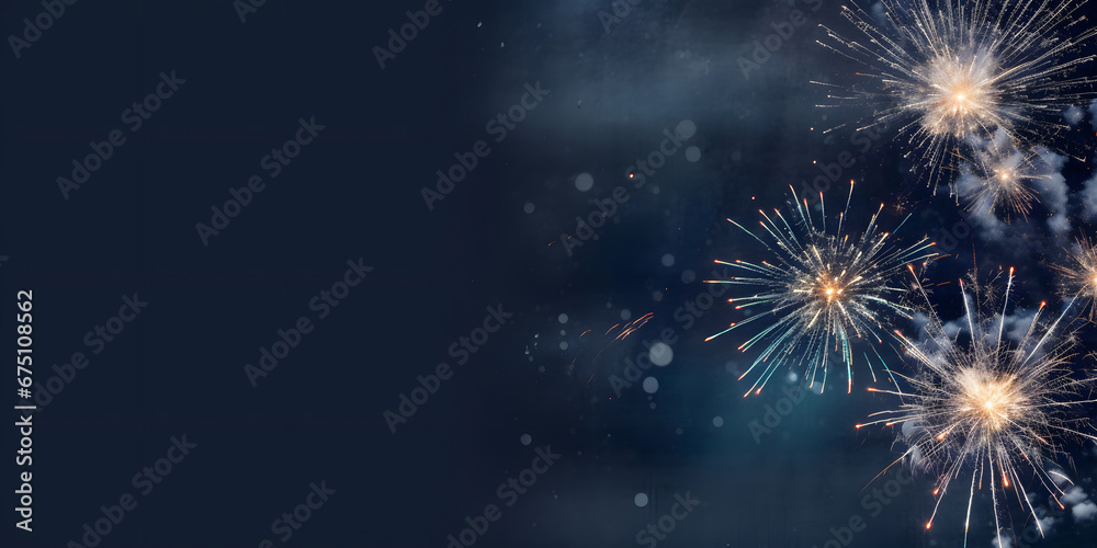 Happy New Year Celebration Sparkles Banner, space for text,Fireworks colorful explosions , festive background , New Years Eve or Independence Day 