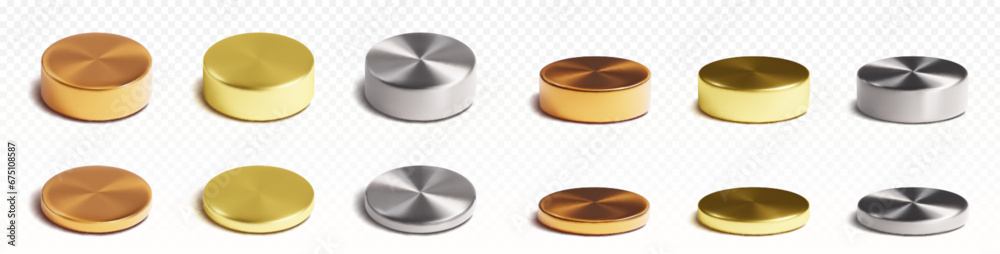 Metal cylinder product podiums in different sizes and angles. Realistic 3D vector set of gold, silver and bronze round stands for goods demonstration or awarding winner. Circle pillar platform mockup. - obrazy, fototapety, plakaty 