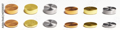 Metal cylinder product podiums in different sizes and angles. Realistic 3D vector set of gold, silver and bronze round stands for goods demonstration or awarding winner. Circle pillar platform mockup.
