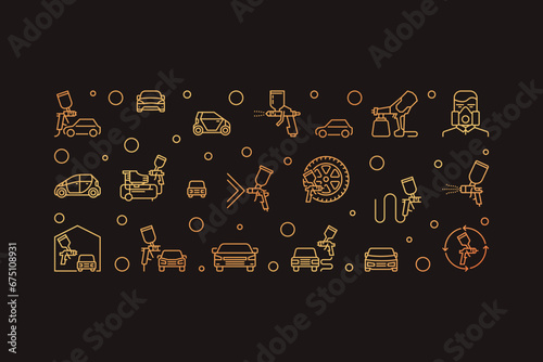 Auto Body Painting with Sprayers vector concept thin line golden horizontal illustration