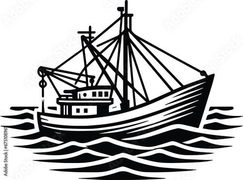 Fishing Boat At Sea Vector Logo Art