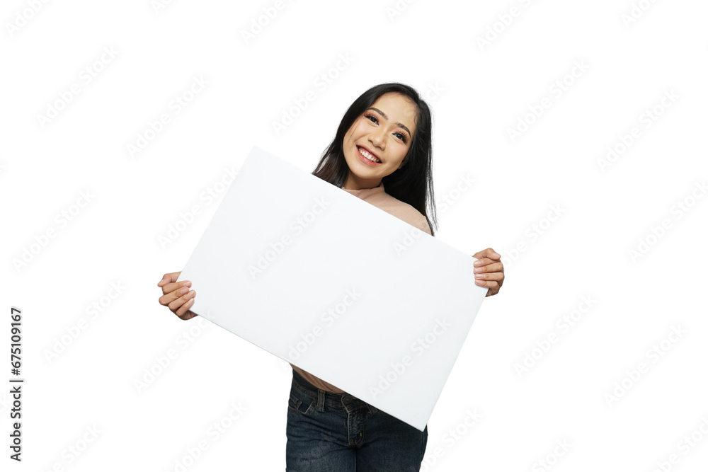 Beautiful Girl Holding a Sign  Isolated Background