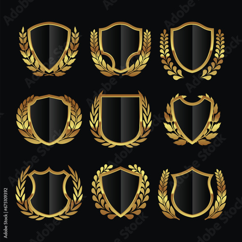 Realistic Luxury Golden Shields Collection with Laurel Wreath Leaves Icon Label Design. Concept of Secure Protection Badge. Web Security and Guarding System.