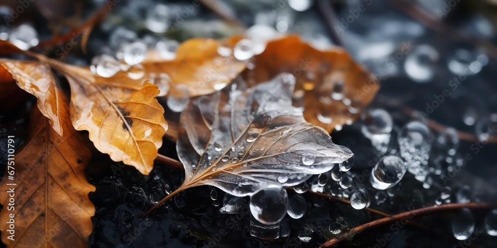 Beautiful light nature with bright leaves covered with frost ice melt in late winter or early summer water drops after ice melt. Beautiful light nature with bright leaves covered with frost ice melt in late winter or early summer water drops after ice melt.