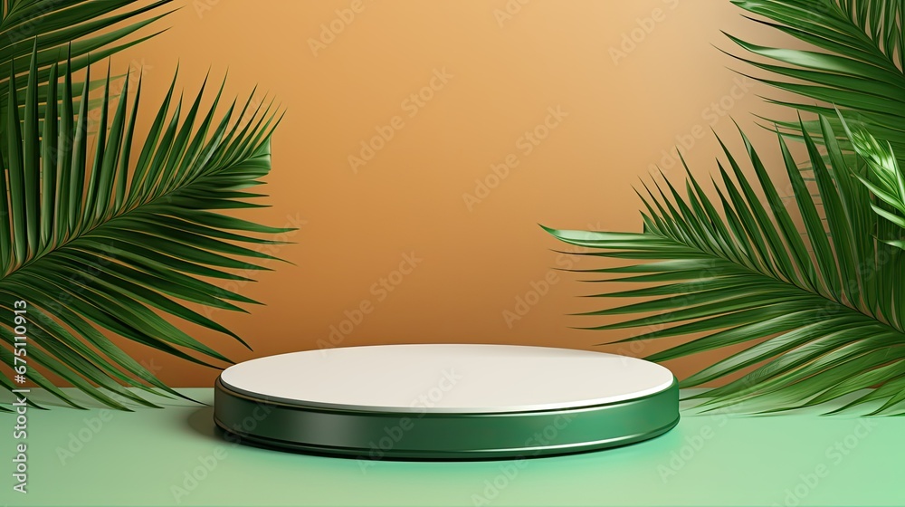 podium 3d over bright background with palm leaves podium 3d over bright background with palm leaves