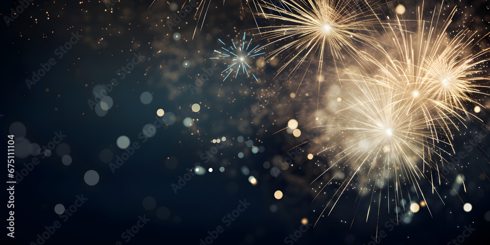 Fototapeta premium Happy New Year Celebration Sparkles Banner, space for text,Fireworks colorful explosions , festive background , New Years Eve or Independence Day 