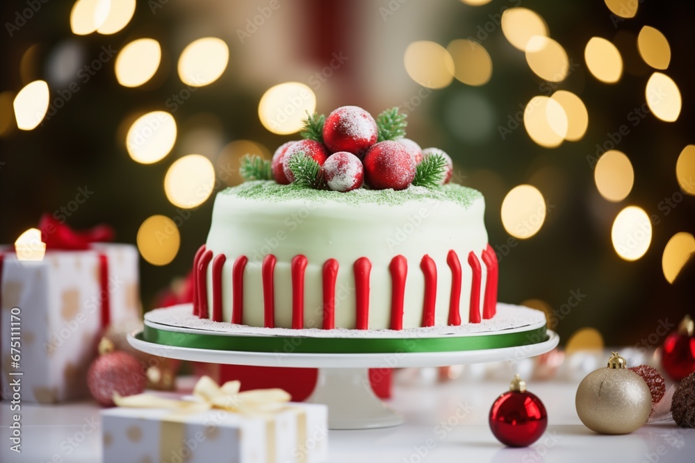 christmas cake with christmas decorations bokeh background