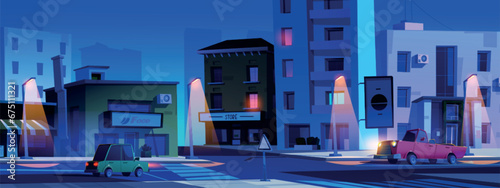 City street intersection at night - cartoon town landscape with multistorey buildings with shop and cafe, cars riding road with cross and sidewalks under light of lanterns. Downtown highway corner.