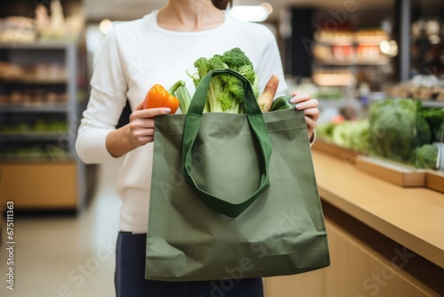 An individual using a reusable cloth bag for shopping