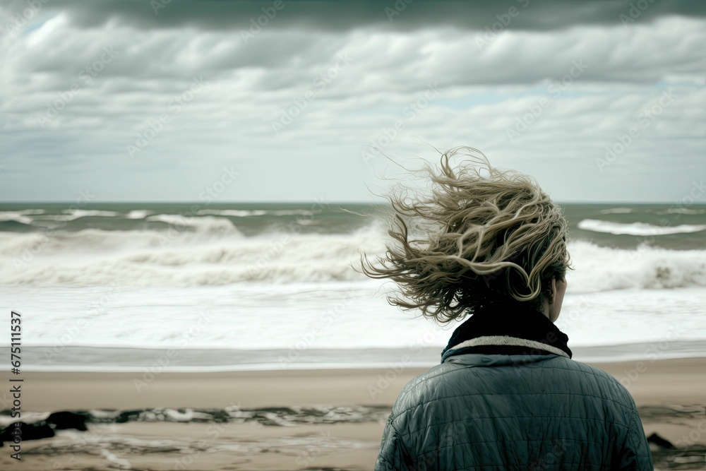 AI-generated illustration of the female on the beach on a rainy and windy day AI-generated illustration of the female on the beach on a rainy and windy day