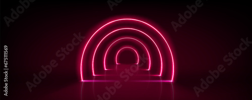Arch corridor or tunnel path way with glow neon frame. Pink arc luminous border or portal. Realistic vector illustration of access to stage or passage along hallway under array of sparkling led line.