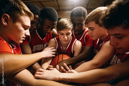 High school basketball team with teenage boys holding hands in a huddle photo